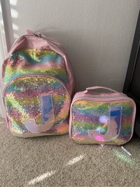 Pink and Rainbow Sequin Kids Backpack and lunch box, J initial
